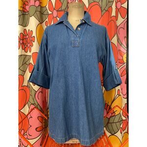 vintage 1980s denim tunic top 80s fashion jean blouse pull over sun belt s/m